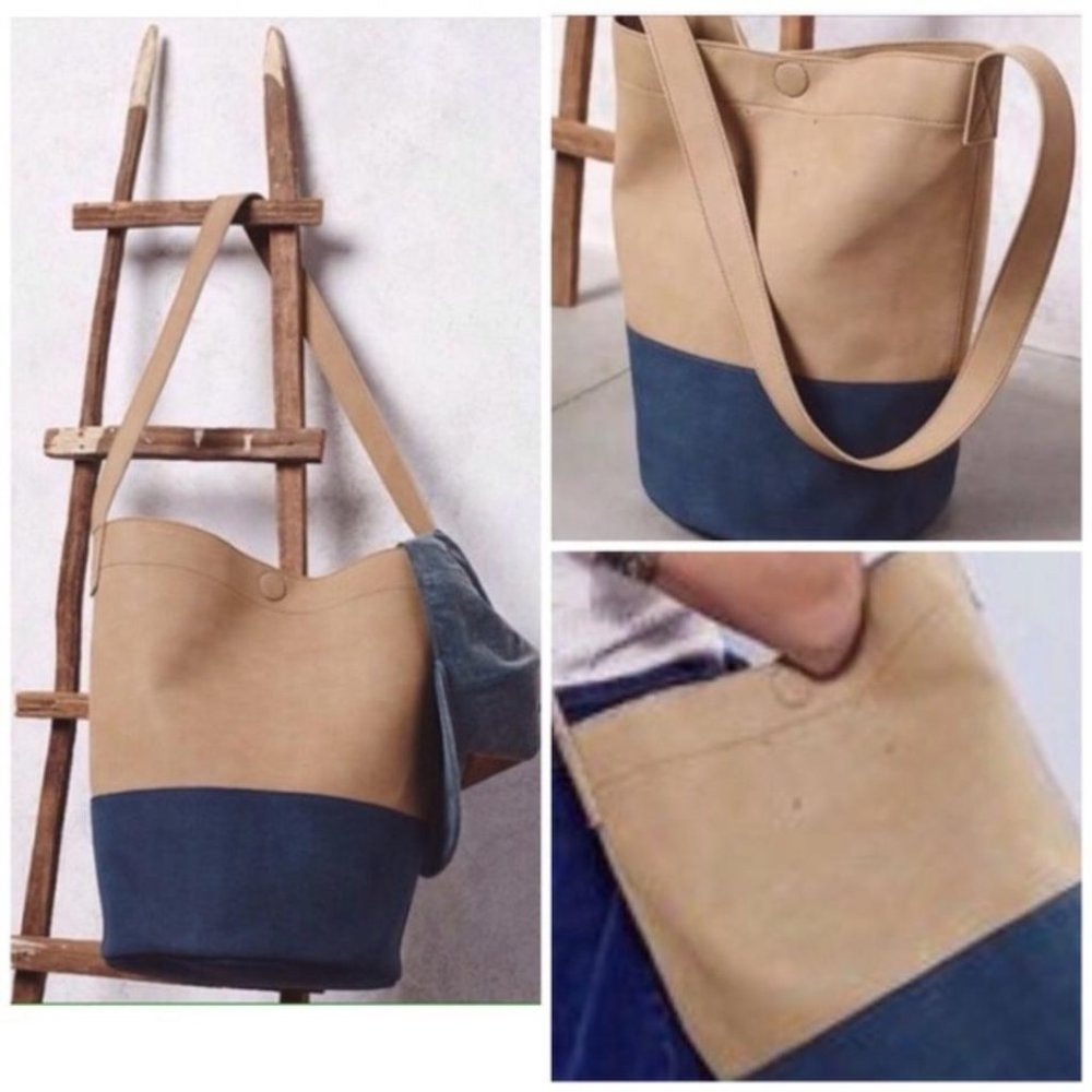 Free People Vegan Hobo Bucket Bag Tan & Blue - Picture 8 of 9